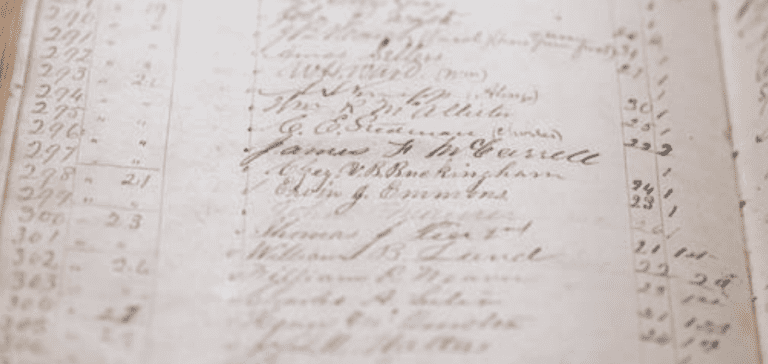 Medical college register from 1863 with hand-written names