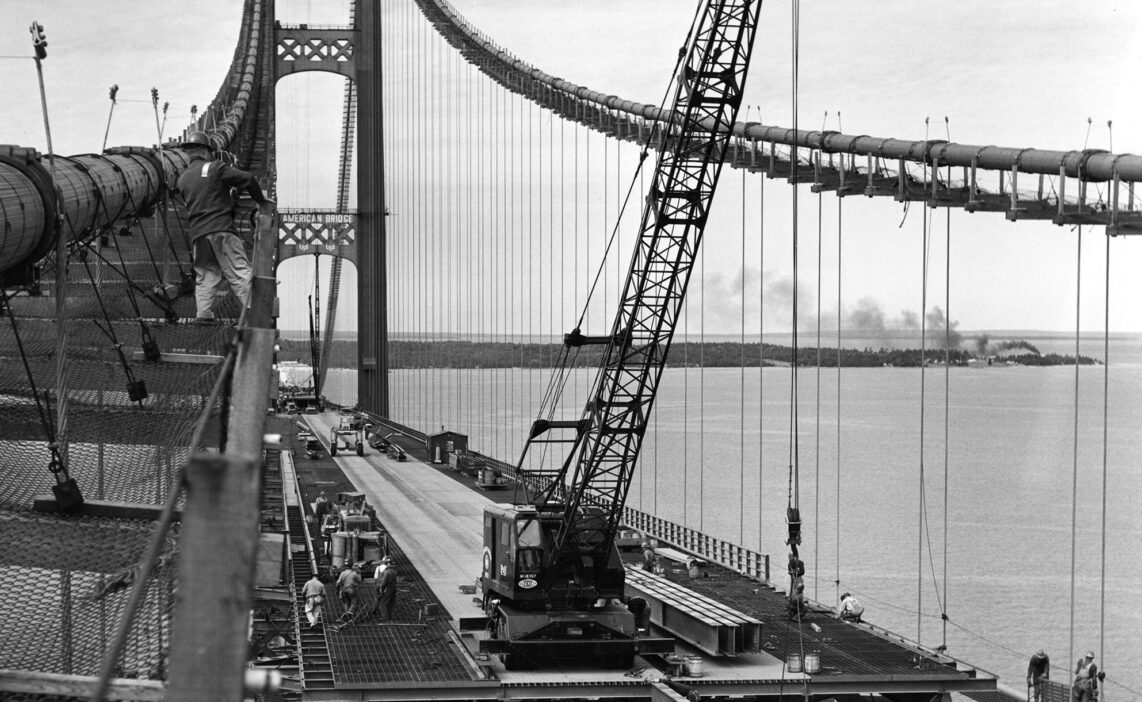 Mackinac Bridge construction, circa 1954.